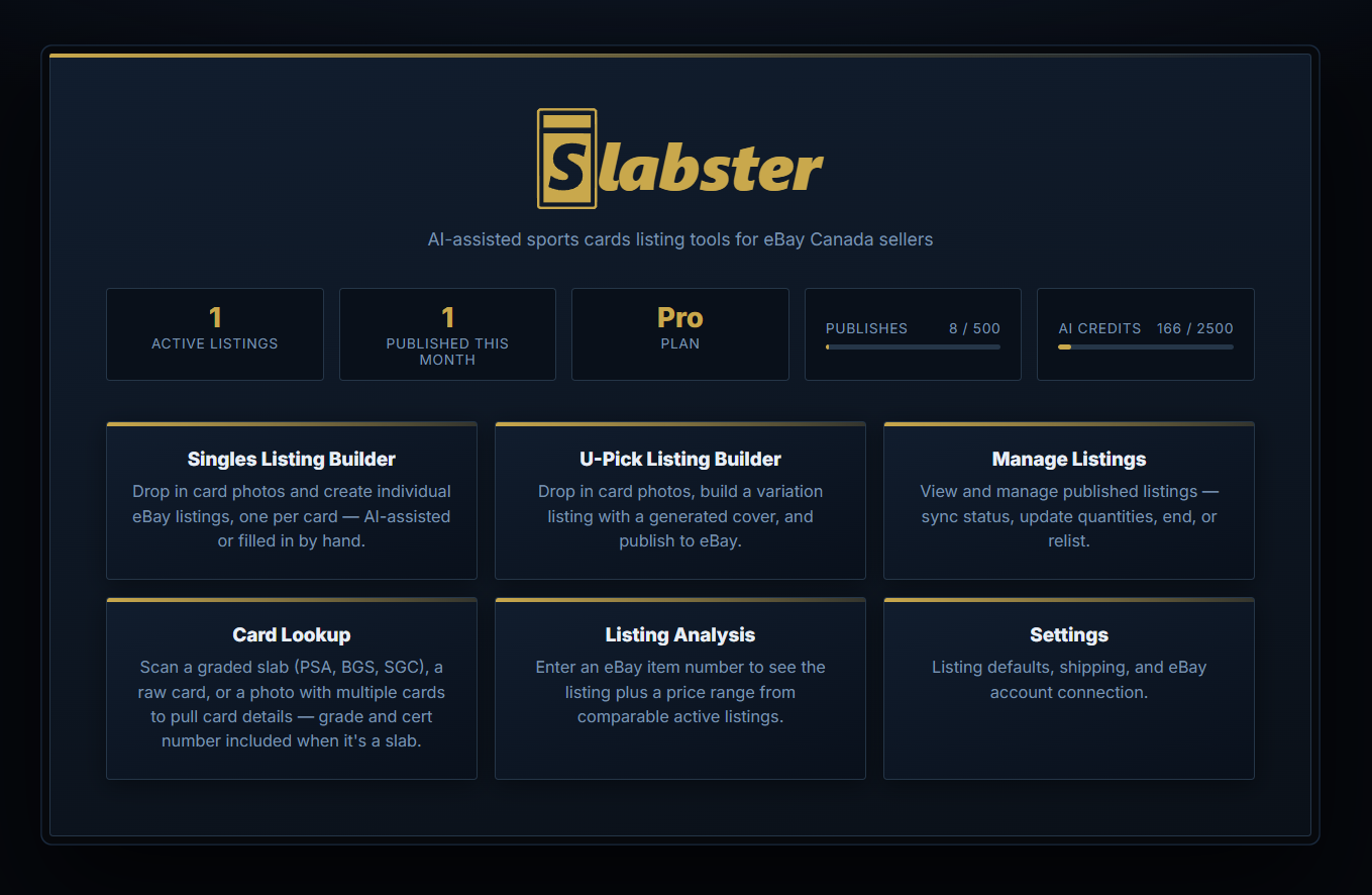 Slabster app dashboard showing listing builders, active listings, plan usage, AI credits, and listing management tools